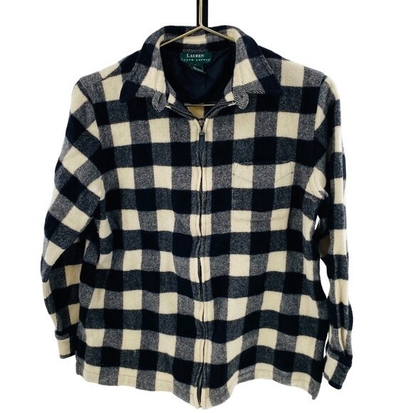 Ralph Lauren Womens L Buffalo Plaid Shacket Black and Ivory Full Zip 100%‎ Wool - Picture 1 of 7